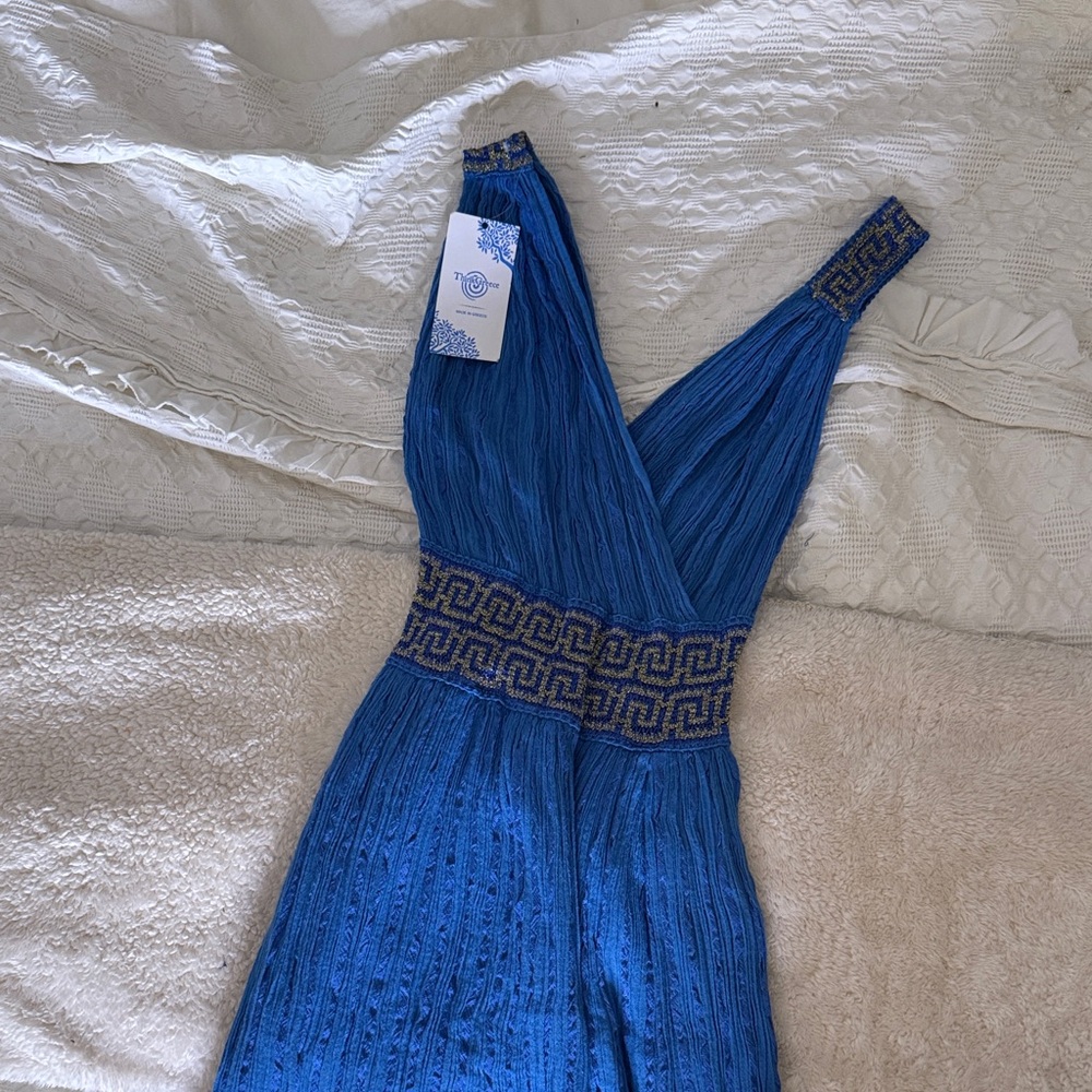 Elegant Greek Goddess Blue & Gold Dress from GREECE! Never worn, tag still on!